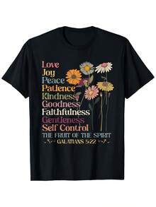 Camiseta Cristiana Vintage "Fruto del Espíritu" Galates 5:22 - 100% Algodón, Unisex, Cuello Redondo, con Estampado Floral Vibrante, Regalo Inspirador con Versículo Bíblico para Hombres, Mujeres, Papá, Mamá, Amigos (Tallas S-XXXL, Color Negro, Tejido Suave y Transpirable, Lavable a Máquina, Comodidad para Todas las Temporadas, Camiseta de Anime, Ropa Cómoda, Diseño de Personajes de Dibujos Animados, Elasticidad Media, Camiseta de Algodón para el Día del Trabajo, Ropa Casual - Negro - Ver 7