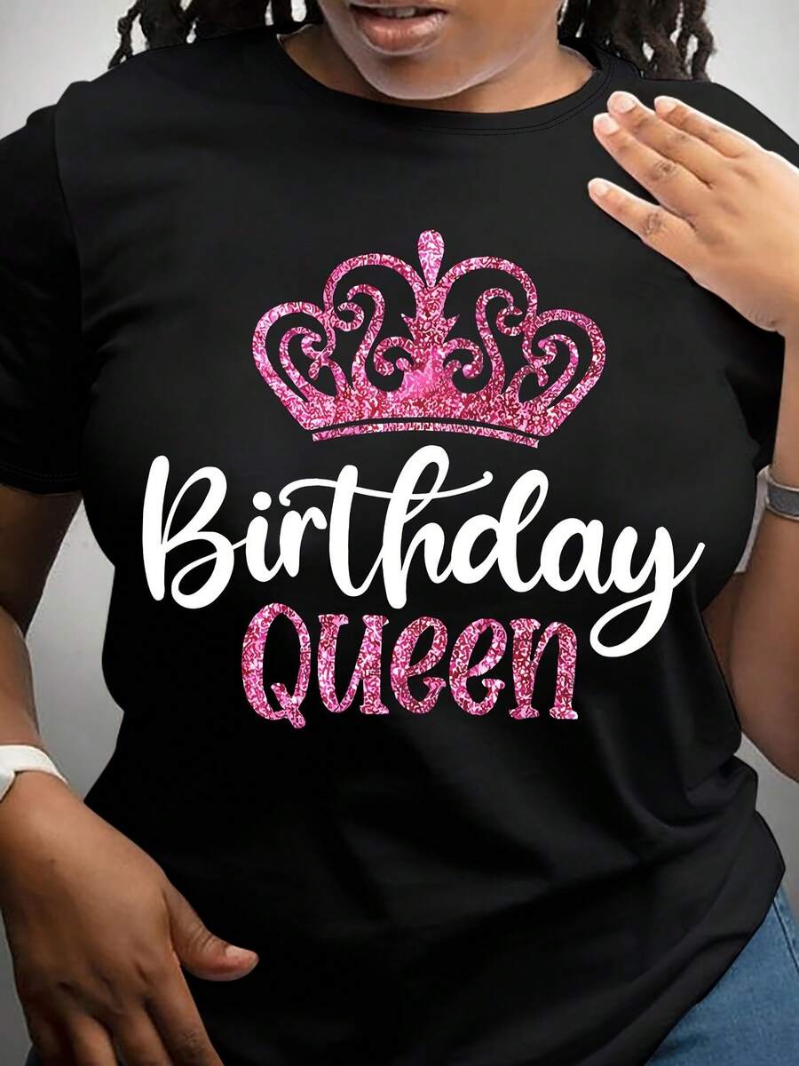 Ropa de mujer de talla grande, camiseta casual estampada, diseño de corona de reina de cumpleaños con lentejuelas, cuello redondo suave, ligera y transpirable, ajuste cómodo, mangas cortas casuales, lavable a máquina, adecuada para uso diario, top holgado. | Camiseta estampada | Camisas largas de algodón para mujer, blusas negras para damas - Negro - Ver 1