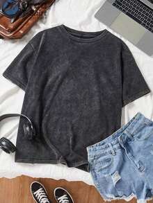 Camiseta de algodón lavado de 230 g, estilo vintage, 100% algodón puro - Diseño básico de una sola pieza, color sólido, cuello redondo informal, corte holgado, textura suave, tejido transpirable 100% algodón. - Negro - Ver 5