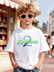 Disney Zootopia Cartoon Front And Back Prints, Casual Cotton Short Sleeved Tops, Boys' And Girls' Birthday Party/Photo Specific T-Shirts, Soft Cotton Children's Summer Casual Tops, Disney Official Star Treasure, Cotton Summer Boys' And Girls' Short Sleeved Shirts, Suitable For Daily Wear, Vacation, Outdoor Activities, And Can Also Be Used As Children's Gifts. - trắng - Xem 2
