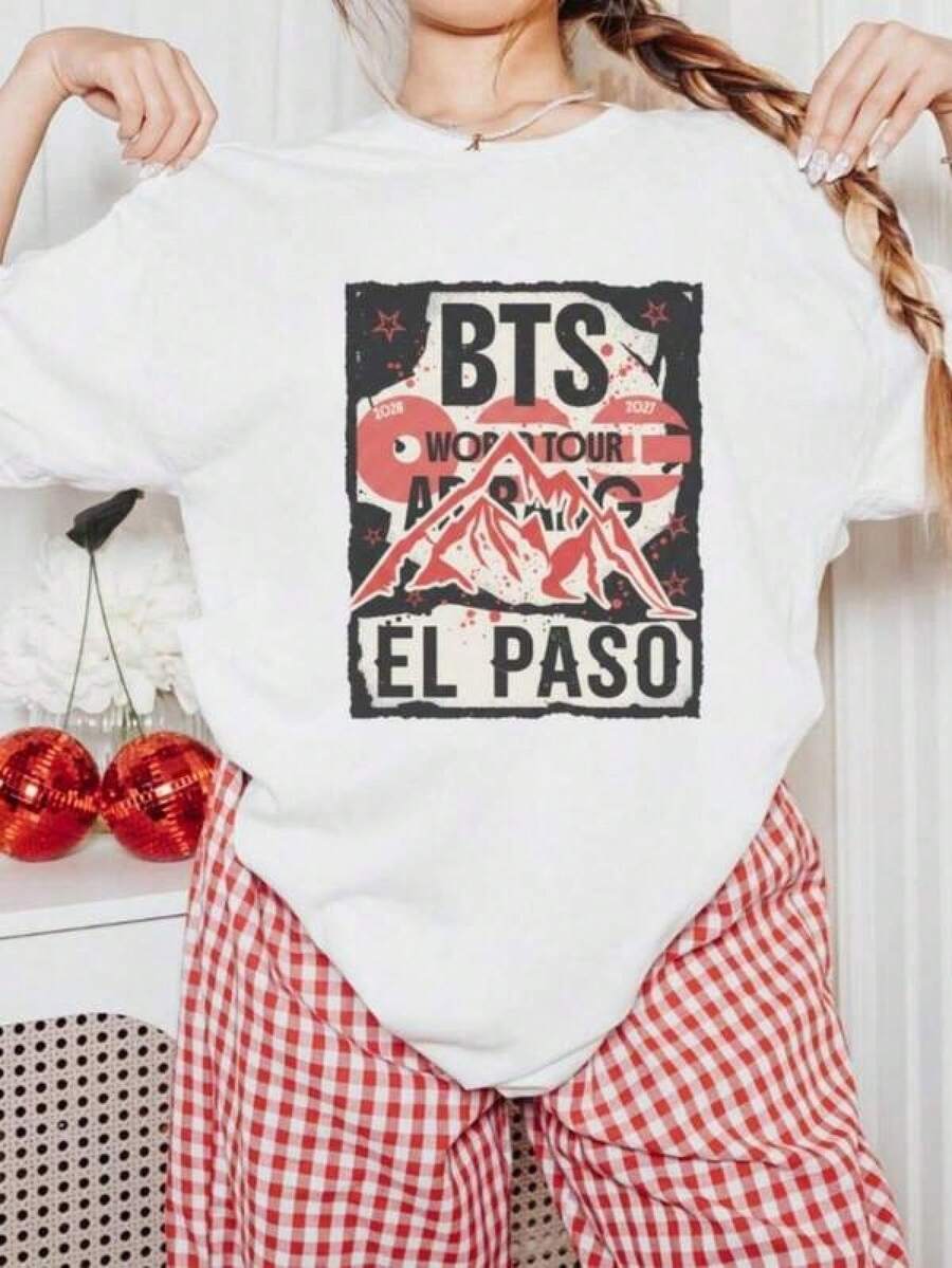 Bangtan El Paso 2026, Arirang Texas Fan Shirt Camiseta informal de moda con estampado creativo para mujer, de manga corta y cuello redondo, para primavera y verano-Shirt Women Festive Celebration Shirt Party Wear Top - Negro - Ver 1