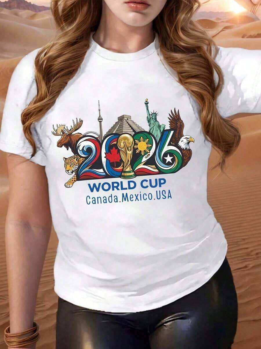 2026 World Cup Canada Mexico Usa Graphic Design Summer Wear Gift For Soccer Fans,Women's Plus-Size T-Shirt, 2026 World Cup T-Shirt, Short-Sleeved Top, Comfortable To Wear With Low-Elasticity Pure Cotton Fabric, Everyday Outdoor Casual T-Shirt, The Best Choice For Gifting (S-5XL). - Blanco - Ver 1