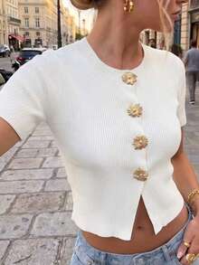 Damen Casual Elegant Metall Schnalle Weiß Rundhals Kurzarm Strick Top, Casual Kurzarm Strick Top geeignet für den täglichen Sommer Tragen - Weiss - Übersicht 6