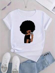 Women's Casual Chic Afro Puff Graphic Tee - Comfy Polyester Blend, Round Neck Short Sleeve, Machine Washable Summer Top In White - White - View 2
