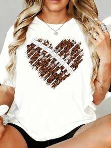 Camiseta Oversize con Estampado de Corazón de Leopardo Blanco para Mujer, Corte Holgado Casual, Top Gráfico de Moda, Opción de Ropa de Verano, 180g, para Ocio en Casa y al Aire Libre, Regalo para el Día de San Valentín o Fiesta - Blanco - Ver 7