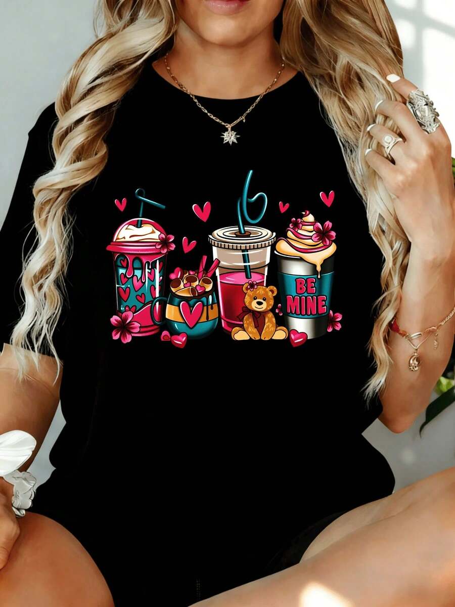 Women's "Valentine Cupcake Bear Be Mine" Graphic T-Shirt, Romantic And Adorable Design With Hearts And Drinks, Fashionable 180g Top, For Home And Outdoor Leisure, Valentine's Day Party Gift - 黑色 - 查看 1