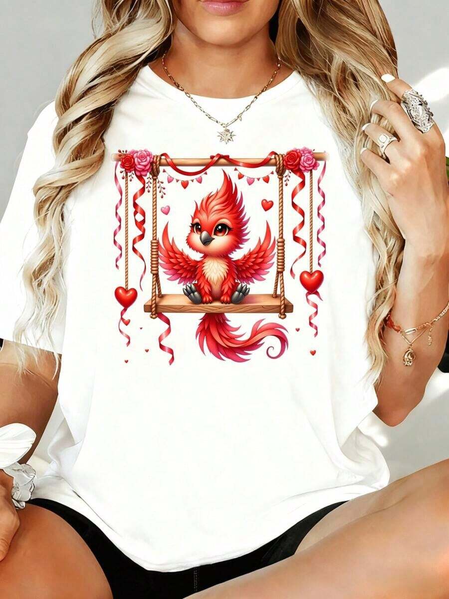 Women's T-Shirt With Cute Red Phoenix On A Swing Graphic With Hearts And Roses, Casual Loose Fit, Valentine's Day Gift, 180g, For Home, Outdoor Or Valentine's Day Party Wear - 白色 - 查看 1