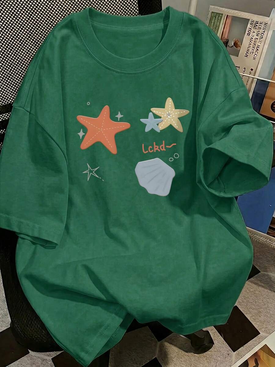 Women's Limited Edition Summer Short-Sleeve T-Shirt, Loose Fit With Cartoon Print, Short-Sleeve Top, Base Layer. 3333 Lightweight Cotton - 綠色 - 查看 1