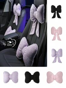 1pc Car Headrest Neck Pillow, Bow Decor Lumbar Support Cushion, Suitable For All Seasons - A - View 3