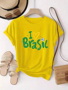 Corte regular con estampado de fútbol "I love Brazil", con colores brillantes y un diseño vibrante. Camiseta deportiva de moda para mujer con estampado único, cuello redondo y manga corta, cómoda para el uso diario casual de verano. - Blanco - Ver 10