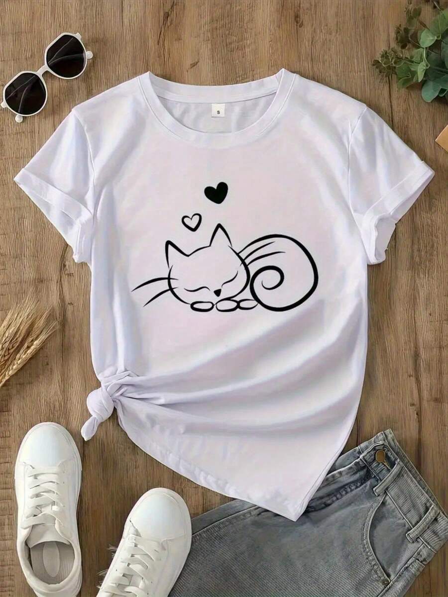 Camiseta de Mujer con Estampado de Gato Blanco de Diseño Sencillo - Camiseta de manga corta y cuello redondo 100% holgada, con diseños de gato durmiendo y gato en blanco y negro, adecuada para uso casual y de fiesta, transpirable y cómoda para primavera y verano. Elegante y Práctica para el Verano. - Blanco - Ver 1