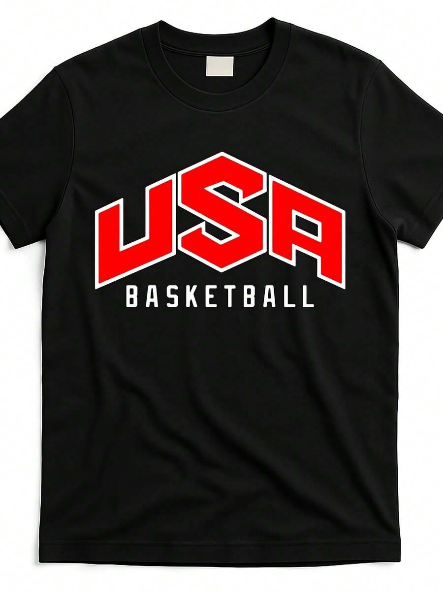 Camiseta de hombre con estampado de baloncesto americano - Camiseta unisex de estilo retro urbano con llamativo estampado de letras rojas y blancas, cuello redondo, corte regular, adecuada tanto para hombres como para mujeres, lavable a máquina, camiseta casual para mujer, ideal para uso diario, en casa, en el trabajo y en fiestas. - Negro - Ver 1