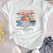 Camiseta Casual para Mujer con Estampado Digital Creativo de Amanecer, Océano, Ondas, Pájaros y Cielo, Cuello Redondo, Manga Corta, Lavable a Máquina, Estilo Casual Transpirable, Sencillo y Versátil para Primavera y Verano (Tema de Vacaciones y Viajes) - Blanco - Ver 4