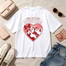 Retro, Kawaii, Otter Half Love Design, 100% Cotton, Oversized, Soft Breathable, Casual Crewneck, Short Sleeve Top, Romantic, Summer Vibes, Couple Lovers - Blanco - Ver 1
