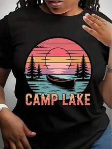 Camiseta Camp Lake, Camiseta Vintage, Camiseta de Verano, Sublimación Camp Lake, Ropa de Verano Casual de Manga Corta con Cuello Redondo, Camiseta para Mujer - Negro - Ver 6