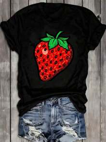 Ropa Curvy En Oferta Y  Una Camiseta De Manga Corta Para Mujer, Holgada, Moderna Y A La Moda, Adecuada Para Actividades Al Aire Libre En Primavera Y Verano, Camiseta Negra Con Estampado De Fresas De Dibujos Animados, Transpirable Y Absorbente De Sudor, Ideal Como Regalo Para El DíA De La Madre, Para Vacaciones En La Playa O Surf, Con Cuello Redondo - Estampado Divertido De Ojos, Ropa Casual, Pieza úNica, Adecuada Para Uso DoméStico Femenino. Blusas Para Mujer,Blusas Casuales Para Dama,Tops,, Mujer Premium,Y2K,Playeras De Mujer Curvy,Ofertas Y Liquidaciones Ropa Mujer,Playeras Deportivas Para Mujer,,Playeras De Hombre, Mujer,Blusas>Elegante RYZ9Camisetas Para Mujer Y2K - Negro - Ver 9