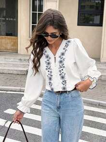 Camisa de manga larga con botones y bordados, elegante y casual para mujer - Blanco - Ver 9