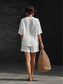 Women's V-Neck Short Sleeve Two-Piece Linen Blend Set, Rolled Sleeve Top With Elastic Waist Shorts, Relaxed Fit Silhouette, Casual Vacation Style, Ideal For Beach Days, Travel, Errands And Summer Occasions - 白色 - 查看 3