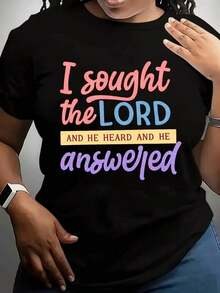 1 PcsWomen'S Casual I Sought The LORD, And He Heard, Sport, Athleisure, Comfortable And Loosefitting Print Lightweight T-Shirt, Crew Neck Short Sleeve Tops For Summer, Summer Vacation Clothing, Suitable For Festival & Daily Wear180g Cotton 100% - 黑色 - 查看 1