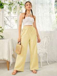 Pantalones largos minimalistas de unicolor con cordones y bolsillos para mujer, casuales para uso diario - Amarillo claro - Ver 5