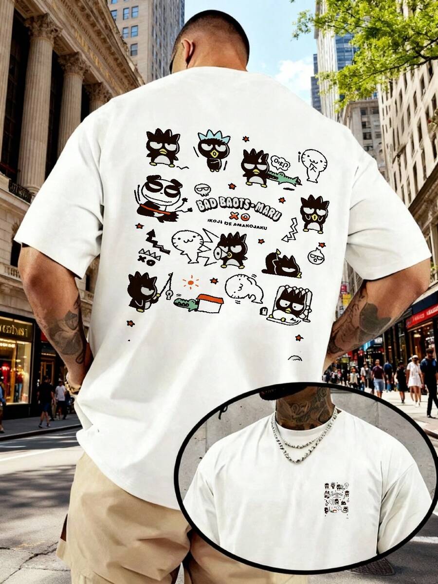 -Cool Penguin Men's Graffiti Print Short Sleeve White T-Shirt, Cute Retro Style, Loose Fit. - Small White Chest Image - View 1