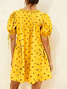 Women Short Puffy Sleeve Princess Tulle Dress Fluffy Mesh Fairy Mini Dress Bubble Sleeve Party Prom Dress - Yellow - View 2