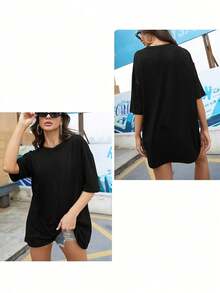 1 pieza con impresión en negrita |   Regalo sorpresa | Camiseta casual de cuello redondo para mujer de 180g, 100% algodón, estilo regular para primavera y verano. - Negro - Ver 6