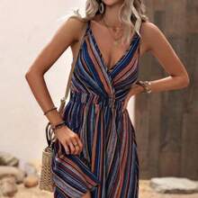 Striped Print Cami Dress Vacation Beach Outfits Women - Azul - Ver 1