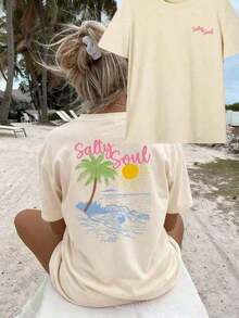 SALTY SOUL Women's Summer T-Shirt 2026, New Spring/Summer Collection, Coconut And Sun Print, Round Neck, Short Sleeve, Casual, Versatile, Essential Garment For Everyday Wear And Vacations. Women's Vacation Print T-Shirt, Loose And Comfortable, Summer Tops - 杏子 2 - 查看 12