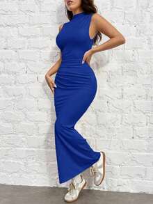 1 pieza Vestido de punto ajustado sin mangas color rojo rosa para mujer - azul real - Ver 4