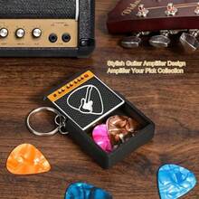 Guitar Picks Holder Box With Guitar Keychain, Amp Speaker Styled Pick Holder With 5 Celluloid Guitar Picks, Guitar Pick Storage Box Set For Guitar Players And Music Enthusiasts - 撥片收納盒1 - 查看 3