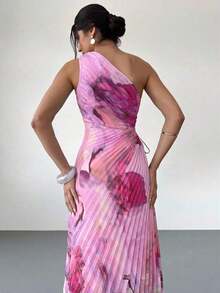 Vestido de mujer nuevo con estampado de teñido anudado asimétrico, cintura hueca, volantes en el bajo y un solo hombro, vestido elegante y romántico para citas y vacaciones, vestido de verano para mujer, tono de color suave, adecuado para atuendo de playa - Rosa Pálido - Ver 2