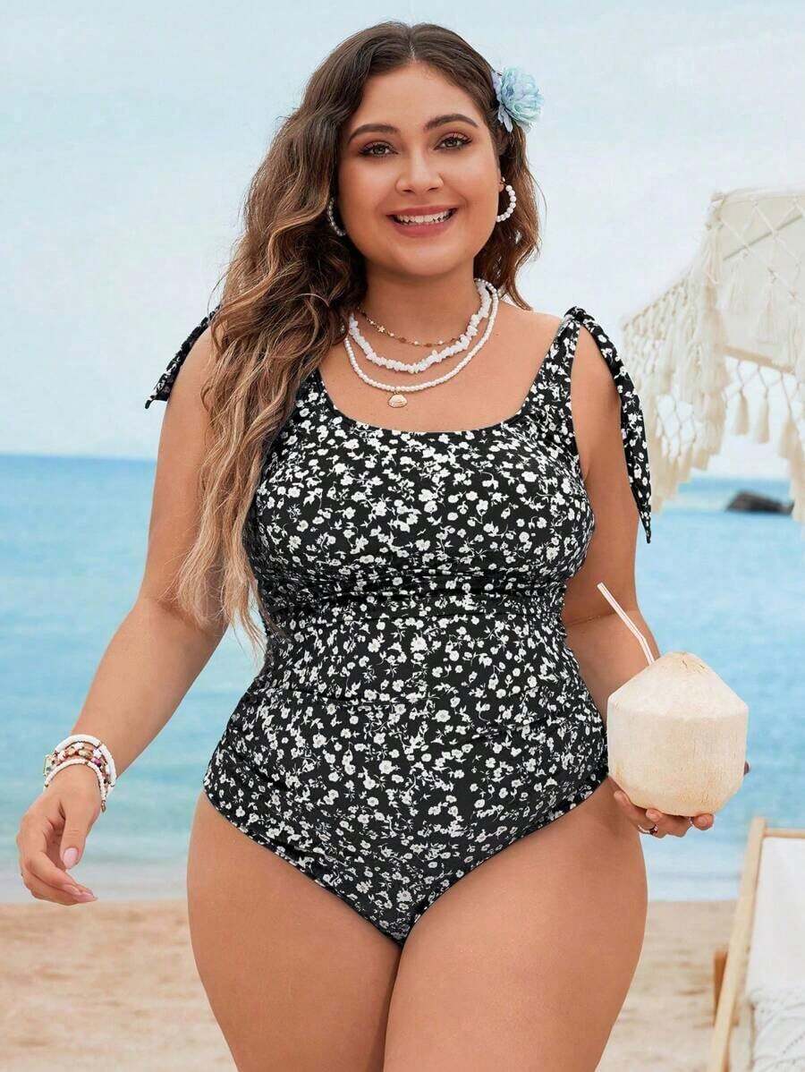 1 pieza Traje de baño de una sola pieza con fruncido de unicolor, estilo de vacaciones en la playa de verano para tallas grandes - Blanco y Negro - Ver 1