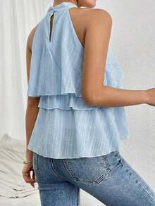 Blusa de gasa con volantes asimétricos y cuello suelto - Celeste - Ver 2