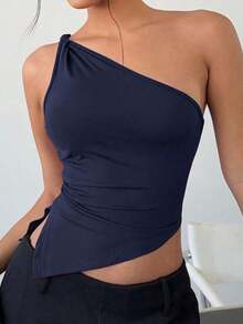 Top elegante de un hombro con un giro en color rojo burdeos delgado para mujer - azul real - Ver 11