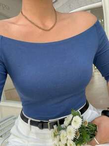 Curve Camiseta de verano elegante y ajustada de unicolor con hombros descubiertos para tallas grandes - azul real - Ver 4