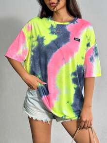 Camiseta de punto de mujeres con cuello redondo, teñida a la técnica Tie-Dye con parches de diferentes telas. - Multicolor 3 - Ver 5