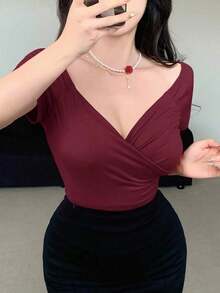 Camiseta básica de manga corta y escote envolvente de color liso versátil y casual, parte superior azul - Burdeos - Ver 4