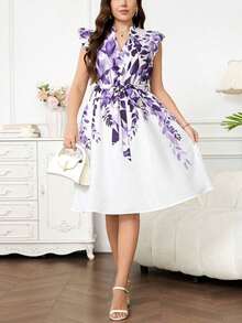 Vestido con estampado gráfico, cuello con muesca, volantes, cinturón, lunares, vestidos para mujer, vestidos casuales de primavera, vestidos de picnic, vestidos de verano, vestidos de primavera, vestidos de festival, vestidos de Pascua, vestid - Multicolor 7 - Ver 5