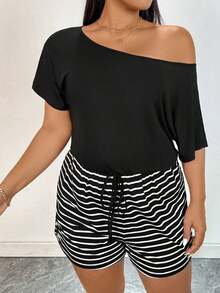 Rompers para mujeres de talla grande, mono informal de rayas, vestidos de verano para mujer, traje de una pieza, mono corto, para dama - Negro - Ver 6