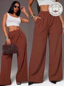 Pantalones anchos de pierna ancha de lino cómodos de verano para mujer, pantalones de oficina, pantalones anchos de pierna ancha color caqui, pantalones de cintura alta de pierna ancha, pantalones de traje color caqui, pantalones de cintura alta, - Café integral 2 - Ver 1