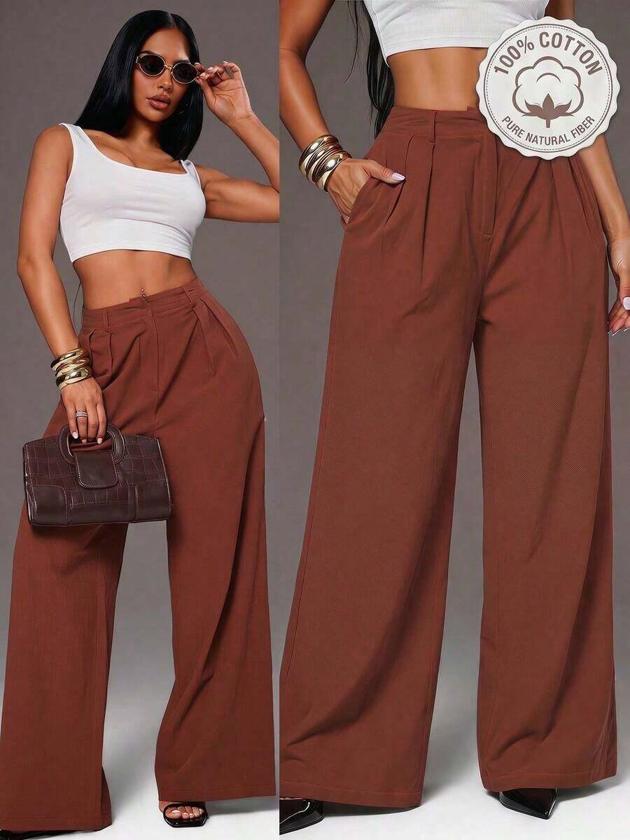 Pantalones anchos de pierna ancha de lino cómodos de verano para mujer, pantalones de oficina, pantalones anchos de pierna ancha color caqui, pantalones de cintura alta de pierna ancha, pantalones de traje color caqui, pantalones de cintura alta, - Café integral 2 - Ver 1