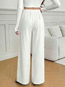Tall Pantalones anchos de cintura alta de unicolor y versátiles, pantalones de cintura alta de estilo casual de otoño e invierno, pantalones negros de mujer, pantalones negros de vestir de pierna ancha, pantalones negros casuales, pantalones de esti - Blanco - Ver 2