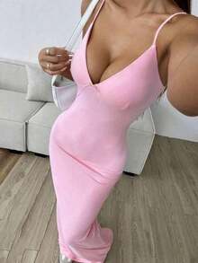 Vestido de encaje ajustado, elegante y romántico para cita nocturna, Día de San Valentín, con tirantes finos y largo, color rosa, para fiesta de verano - Rosa - Ver 4