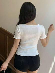 Blusa casual de mujer con cuello cuadrado, manga corta, silueta acampanada y tela texturizada, top sexy y lindo - Blanco 2 - Ver 5