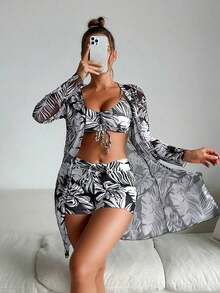 Conjunto de bikini con estampado tropical de tres piezas sujetador de empuje y bottom de bikini tipo hipster y kimono para mujer estilo vacaciones de verano en la playa - Blanco y Negro - Ver 3