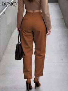 Pantalones rectos de cintura alta de unicolor para mujer, con pliegues, suaves y cómodos, versátiles y elegantes para uso casual urbano, adecuados para uso diario casual, citas, fiestas, San Valentín, carnaval y oficina - Marrón Mocha - Ver 2