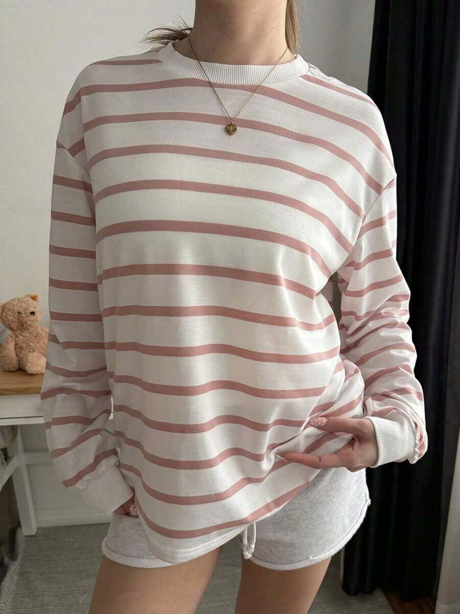 Sudadera con capucha de hombros caídos con estampado de rayas blancas de primavera, atuendos para graduación, regreso a la escuela, atuendos para maestras, regreso a la escuela en otoño/invierno - Rosa - Ver 1