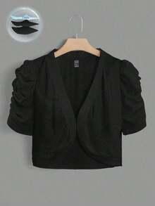 Chaqueta ligera de mujer talla grande en beige con mangas de encaje en contraste, de manga corta, versátil, elegante, atuendo de oficina para maestras en invierno, otoño, Día de San Valentín, trabajo, vacaciones, días festivos, verano - Negro 2 - Ver 3