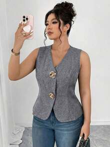 Blusa sin mangas con cuello en V y textura de lino sintético, con botones decorativos en color dorado y rosa, cintura ajustada, elegante para ir a trabajar, salir, fiestas y citas, talla grande - Gris - Ver 1